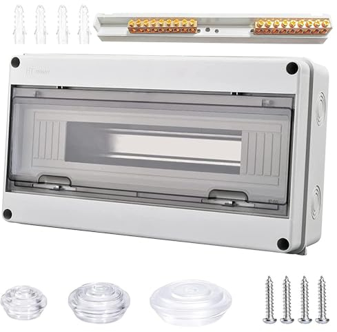 Sumeber Boîte à fusibles en saillie IP65 avec bornes en laiton, sous-distribution en saillie, 1 rangée pour 5 à 24 modules, pour l'extérieur, les jardins, les fermes, les colonnes de charge (18 voies)