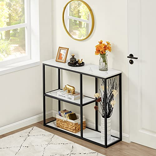 WOHOMO Mesa consola de 30 cm, mesa de entrada estrecha para sala de estar, mesa de sofá industrial moderna con estantes de almacenamiento de 3 niveles para pasillo, pasillo, mármol blanco