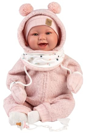 Llorens 1018480 Babypuppe Tala, mit braunen Augen und weichem Körper, Baby Puppe inkl. flauschigem rosa Winter-Outfit, Schnuller, Schnullerkette, 44 cm