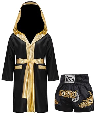 ranrann Barn pojke outfit boxning kamprock boxning huvtröja och shorts boxning Muay Thai kickboxning MMA, svart, 5-6 �r