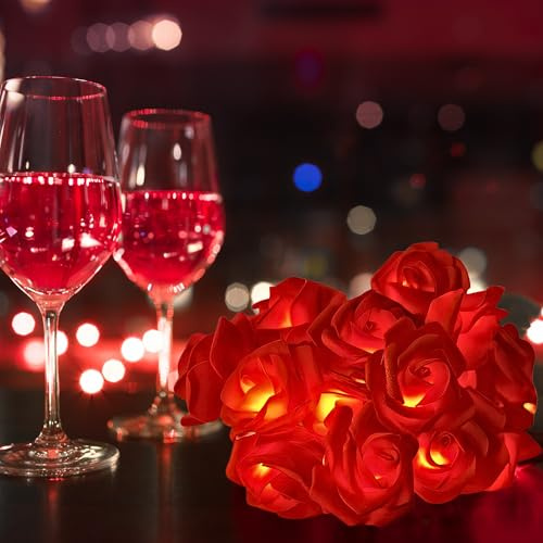 Ghirlanda luminosa a LED con 8 rose rosse in schiuma, cavo trasparente da 1,45 m, alimentato a batteria (2 x AA, non incluse), calda illuminazione a LED per un'atmosfera accogliente, San Valentino,