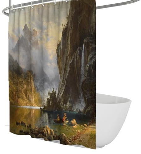 FEIPUHOME Art Paysage Naturel Rideau de Douche Indiens Pêche à la Lance Peinture célèbre Impressions Rideaux de Bain avec Crochets Tissu Polyester imperméable 200 x 200 cm