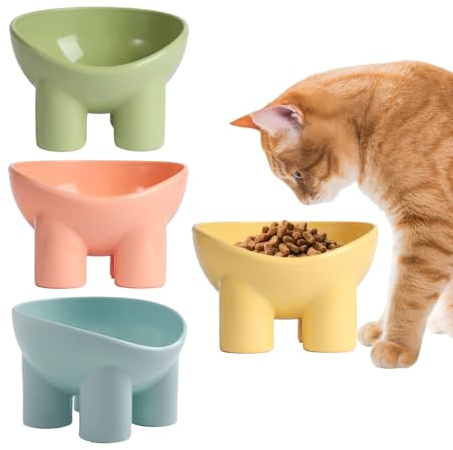 4 Comederos para Gatos con Diseño Ergonomico 13.8x13.4x9cm Plato Alto con Pata De Elefante para Cuello, Alimentación Cómoda. Material PP Seguro para Gatos, Perros Pequeños, Y como Fruteros