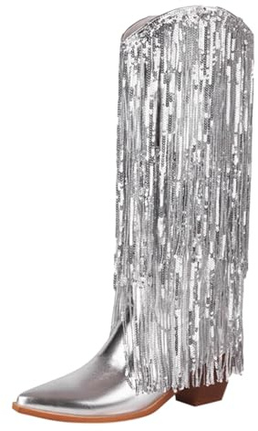 cfpqv Botas de mujer de piel con flecos, botas de piel con puntas, tacón grueso, botas anchas, para exteriores, elegantes, de entretiempo, antideslizantes, ligeras, para mujer, plata, 42 EU