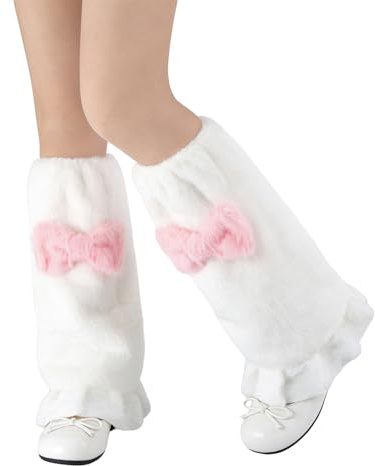 Benvärmare Dam Y2K, Mjuka Håriga Benvärmare med Rosett, Tjocka Stickade Benmuffar för Vinter, Fluffiga Leg Warmers för Dans, Balett och Retro-stil (1, Vit med rosa rosett)