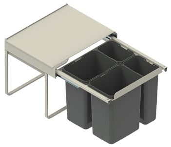 FurniFit Cubo de Basura Encastrable para Armario de 60 cm Sistema de Reciclaje de 4 Cubos con Cierre Suave y Extracción Total 56,4 x 50,5 x 45 cm (2x 20L + 2x 9L) Montaje Frontal Plata