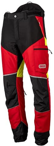 Oregon - Pantalones de Motosierra Protect Pro, EPI Alta Visibilidad, Transpirable, 4 bolsillos, Equipo de Protección Profesional para Motosierra y Tareas Forestales, Rojo/Amarillo, Talla L