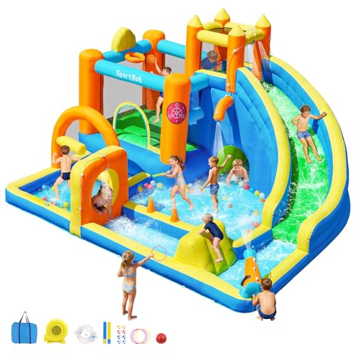 Sportbob Castillo Hinchable con Tobogán Acuático, con Soplador, Tobogán Largo, Varias Zonas Acuáticas, Zona de Salto, Cascada, para Exterior/Interior, Fiestas de Cumpleaños y Celebraciones Festivas