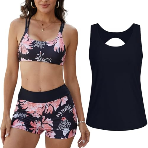 Yutdeng Tankini da Donna in 3 Pezzi Canotte Top e Bikini Push Up e Pantaloncini da Bagno a Vita Alta Costume da Bagno Sportivo Tankini Coprente Contenitivo per Mare Piscina Spiaggia