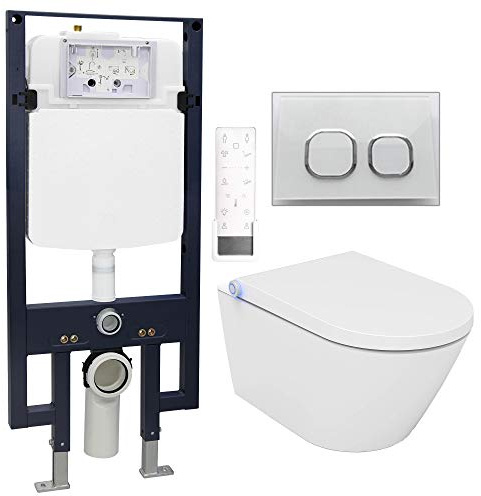 BERNSTEIN - Pack WC japonais + Bâti-support plaque Verre Blanc, Toilettes suspendu lavant céramique + télécommande, jet douche, séchoir air chaud, filtre à odeurs, Chasse 180°, 59x38x38cm - Pro+1102