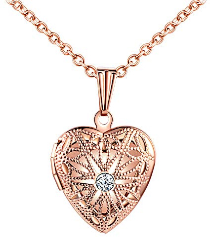 Collana con medaglione portafoto a forma di cuore, in acciaio inox, catena da 50 cm, da donna, con confezione regalo e biglietto di auguri e Acciaio inossidabile, colore: Rose Gold