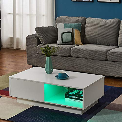 Panana Coffee Table with Storage Drawers&Shelves LED Light Modern Living Room Wooden (White)