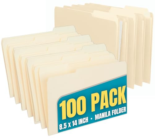1InTheOffice Manila File Folders Legal Size, File Folders Legal 8.5 x 14, 1/3 Cut Tabs, 100 Pack
