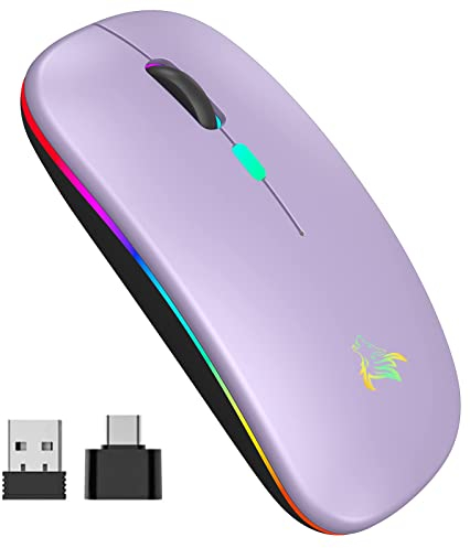 TQQ Raton ​Inalambrico Recargable, Ratón Retroiluminado de 7 Colores con Mini Receptor USB de 2,4 GHz, Raton Gaming, Compatible con Laptop, PC, Ordenador, Chromebook, Notebook (Purple)