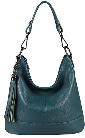 OBC Made in Italy Damen Leder Tasche Umhängetasche Shopper Schultertasche Handtasche Crossbody Hobo Bag Crossover Ledertasche Damentasche Fransen Petrol