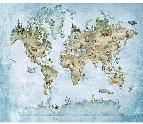murando Fototapete Premium-Vlies Weltkarte für Kinder 350x256cm Foto Tapete Schlafzimmer Vliestapete XXL Wandtapete Motivtapeten Bildtapete 3d Effekt Wand Dekoration Tiere gemalt