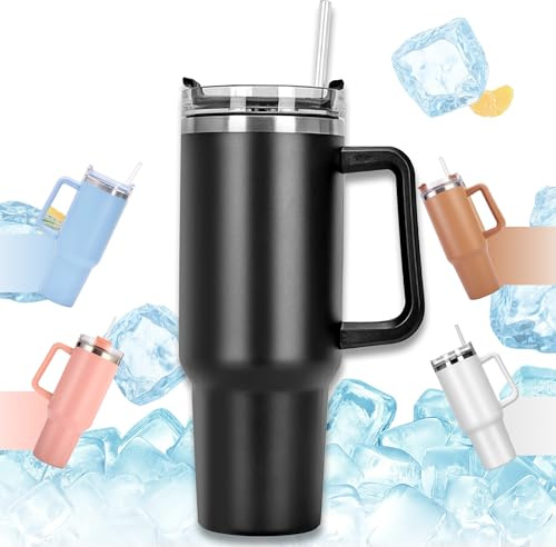 Tikxlafe azza da viaggio da 1180 ml con manico e cannuccia tazza di caffè portatile,insulato sotto vuoto in acciaio inossidabile a doppia parete,tazza per auto,termica,per piste calde e fredde (Nero)