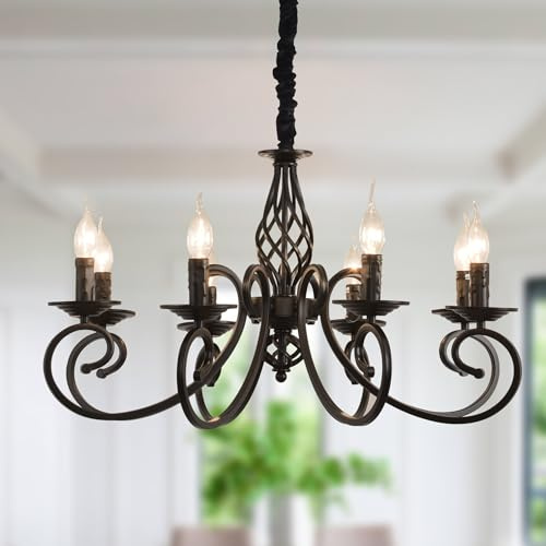Ganeed Candelabros rústicos, candelabros franceses, lámpara colgante de hierro vintage, 8 luces, color negro