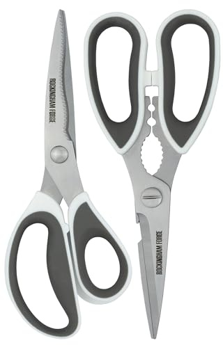 Rockingham Forge 2 Piece Sharp Kitchen and Household Scissor Set, Rust Resistant, Kinked and Curved 9CM Stainless Steel Blades, Nut Cracker and Bottle Opener, White and Grey
