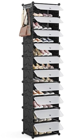 Mondeer Shoe Storage Cabinet, Modular Shoe Rack, Cube Plastic Shoe Organizer with Door, Dustproof and Waterproof for Entrance Hall, Bedroom, Living Room, Stores 20 Pairs of Shoes, Black