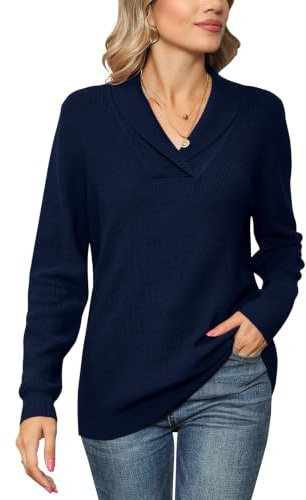 IECCP Women's Jumpers V Neck Long Sleeve Tops Women Solid Color Pullover Lapel Knit Sweater Navy Blue M