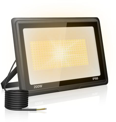 Utomhus LED-strålkastare 200W, 20000LM 3000K Floodlight för Garage | Varmvit LED-spotlight, säkerhetsbelysning, 120° ljus, IP66 vattentät projektor för terrass, verkstad, hall