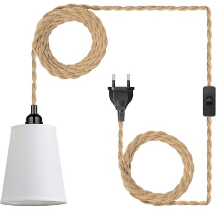 EcoGehen Vintage Hängelampe mit Stecker Boho Lampe Klein Pendelleuchte Weiß Stoff Lampenschirm Hängeleuchte Esstischlampe Hängende Wandlampe E27 450cm Kabel für Schlafzimmer Küche Esstisch Geschenke