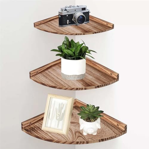 Juego de 3 estanterías de esquina colgantes, estante de pared de madera, estantes flotantes vintage y rústicos, decorativos para dormitorio
