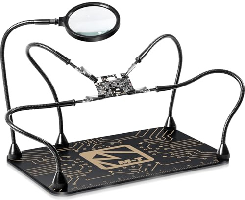 M-T Helping Hands Soldering Station, Magnetic Third Hand Tool PCB Holder with 5X Magnifying Glass 13x9 IN Non-Slip Steel Weighted Base 4 Arms for Electronic Repair Soldering Jewelry Crafts and Welding