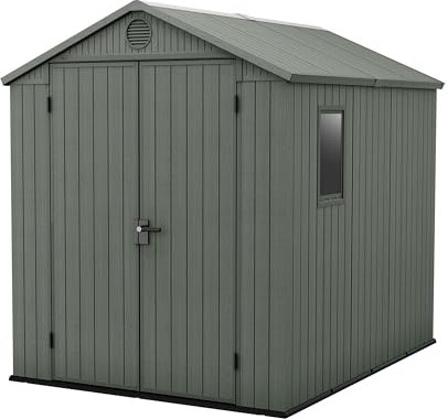 Keter Darwin 6x8ft Outdoor Resin Garden Shed – Green Evotech+ Wood-Look | Waterproof Resin Storage for Tools & Bikes | Double Doors | Lockable | 15 Yr Warranty | Zero Maintenance