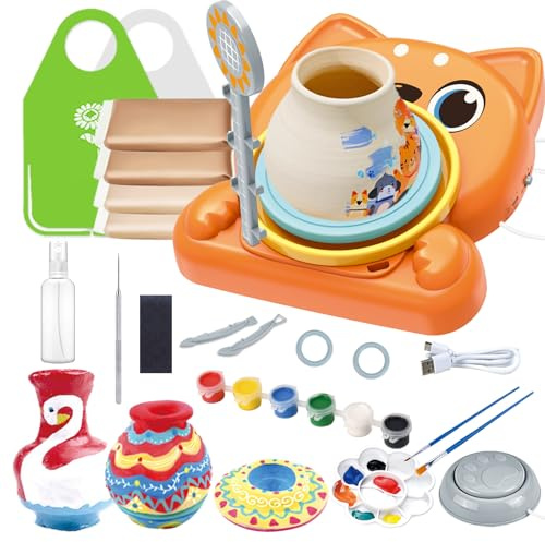 Herefun Kit Ceramica Fai da Te per Bambini, Tornio Elettrico per Ceramica Pottery Kit con Argilla da Modellare Senza Cottura, Gioco Regali Creativo Bambini 8 Anni