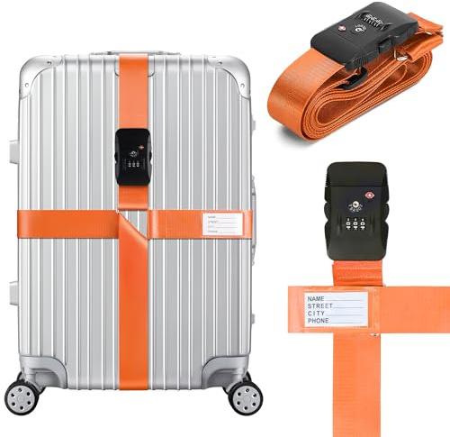 Linpr Cinghie per Valigie, Cinghie da Viaggio con Lucchetti TSA, Cinghie di Imballaggio Visibili e Sicure, Cinghia Regolabili a Forma di Croce, Accessori da Viaggio (Arancione)