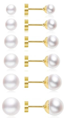Lot de 6 paires de boucles d'oreilles à tige hypoallergéniques pour femme avec petites perles blanches de 3 à 8 mm - En acier inoxydable - Étanche - Pour cartilage, hélix