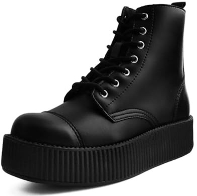 T.U.K. Black TUKskin Viva Mondo Creeper Boots for Women, 7-eye Lace Up Combat Boot, US 5 Women
