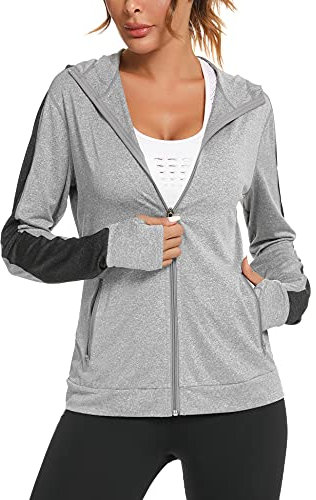 Wayleb Damen Laufjacke Sportjacke Langarm Trainingsjacke Kapuzenjacke Sweatjacke Atmungsaktive mit Daumenloch und Tasche Für Laufen Yoga Fitness Grau M