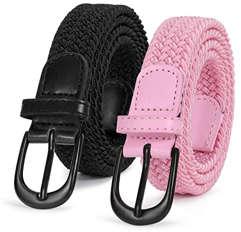 SUOSDEY 2 Stück gewebter elastischer Kindergürtel für Jungen Mädchen, 2.5 cm breite Schwarz Rosa 85cm
