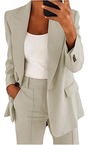 shownicer Tailleur Femme 2 Pièces Elegant Couleur Unie Slim Fit Blazer Veste Formel Bureau Travail Pantalon Costumes Revers Manteau Ensemble A Beige L