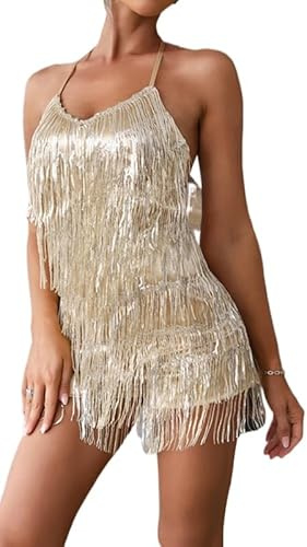 MOFLORA Womens Sexy Backless Fringe Dress Jumpsuit Club Sequin Tassel Tiered Halter Playsuit Festival Bodysuit Romper, Gold, XS