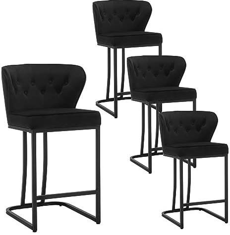 WOLTU Barhocker 4er Set, Barstuhl, Bistrohocker, Polsterhocker, Tresenhocker,Design-Hocker, mit großer Sitzfläche, Rückenlehne,Fußstütze, Samtbezug, für Bar Kücheninsel Esszimmer,Schwarz,BH383sz-4