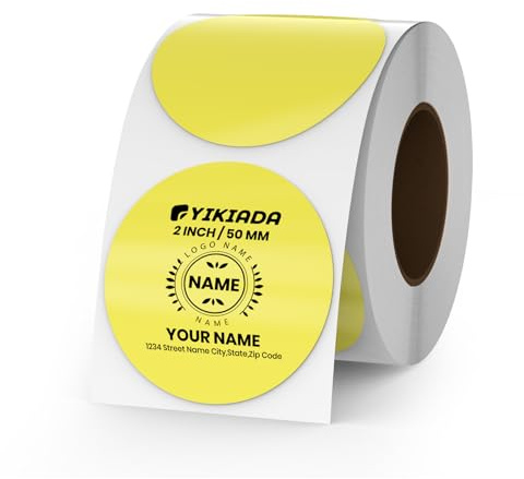 YIKIADA Étiquette Thermique en Vinyle à Points Jaunes 50 mm Autocollant d'adresse en Rouleau Autocollant étanche pour imprimante pour Logo Code à Barres QR Code Inventaire 500 pièces