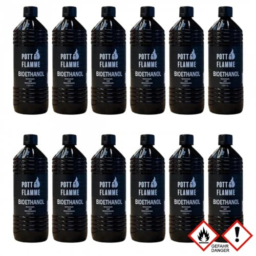 Pott & Flamme Bioethanol 12 x 1 L Tischfeuer Indoor Outdoor Wandkamin Garten Deko Terrasse - Da bitte das Titel Foto mit 12! Flaschen