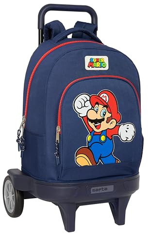 Super Mario World Großer Rucksack mit Rädern, kompakt, abnehmbar, ideal für Kinder verschiedener Altersgruppen, bequem und vielseitig, Qualität und Widerstandsfähigkeit, 33 x 22 x 45 cm, Marineblau