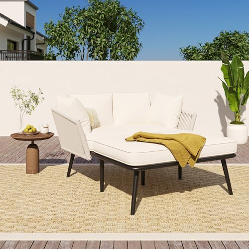 ZYLOYAL10 Trädgårdssoffa med 2 kuddar och 2 kuddar, solstol utomhus, trädgårdslounge, balkongmöbelset, loungemöbler, terrassmöbler, kuddarna är avtagbara och tvättbara (beige)
