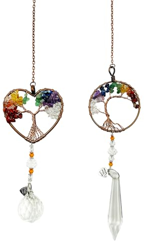 Attrape Soleil en Cristal Forme de Cœur, Pendentif Arbre de Vie, Capteur de Soleil à Suspendre, Ornement Décoration Chakra Pierre pour Jardin, Maison