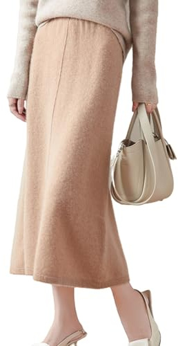 Ailaile Mid Length Skirt Women Fall Winter 100% Merino Wool Knit Long Skirt Ribbed Elastic Solid Casual Warm Skirt Khaki