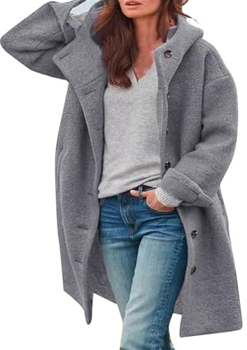 Oyuchga Trenchcoat dam lång ullrock med huva elegant enfärgad övergångsjacka vinterkappa bekväm varm långärmad ledig quiltad vinterjacka jacka, A Grå, XXL