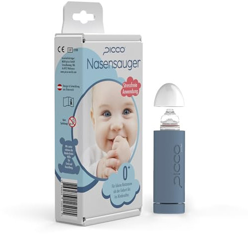 PICCO pocket | Nasensauger für Babys und Kleinkinder – geräuscharm, mechanisch, sanft, hygienisch, reinigbar – Effektive Nasenpflege ab Geburt, Ideal bei Schnupfen und Erkältung (Taubenblau, 10,70 cm)