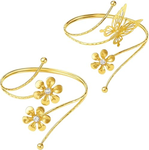 GYTFOG 2Pcs Gold Arm Cuff, Upper Arm Bracelet, Adjustable Upper Arm Bracelets with Floral and Butterfly Design, Outfits Accessories, Spiral Bracelet for Daily Wear and Special Occasions