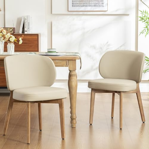 YOUNIKE Dining Chair with High Back Set of 2 Mid Century Modern Kitchen Chair Faux Leather Upholstered Armless Chair 20 Wide Padded Seat with Wooden Legs for Kitchen Dining Living Room Bedroom Khaki