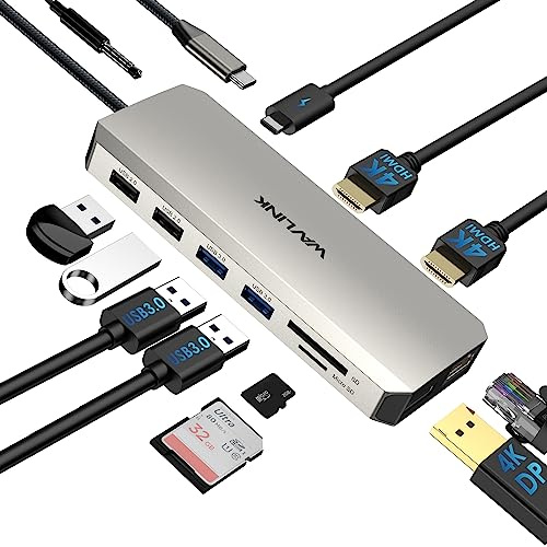 WAVLINK USB C Laptop Docking Station Dual Monitor for Dell/Lenovo/HP/XPS, USB-C Hub Multiport Adapter Dongle Dock with 2 HDMI, DisplayPort, Ethernet Hub, 85W Power Delivery, SD Card Reader, Audio